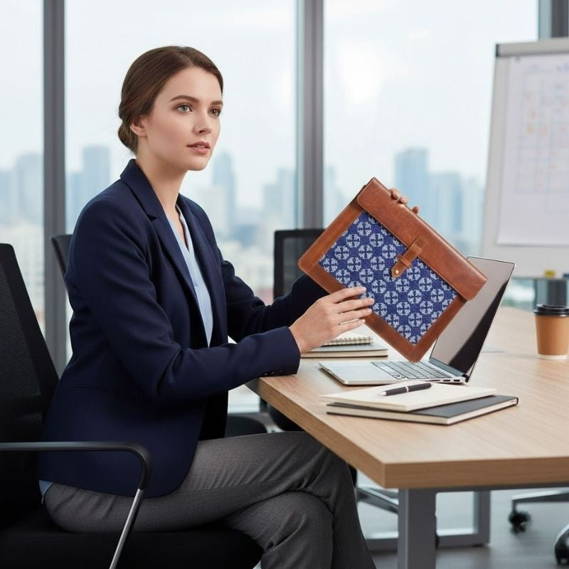 Woman in a professional setting holding a brown leather laptop case with a blue pattern.