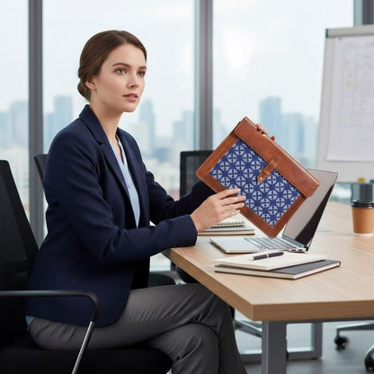 Woman in a professional setting holding a brown leather laptop case with a blue pattern.