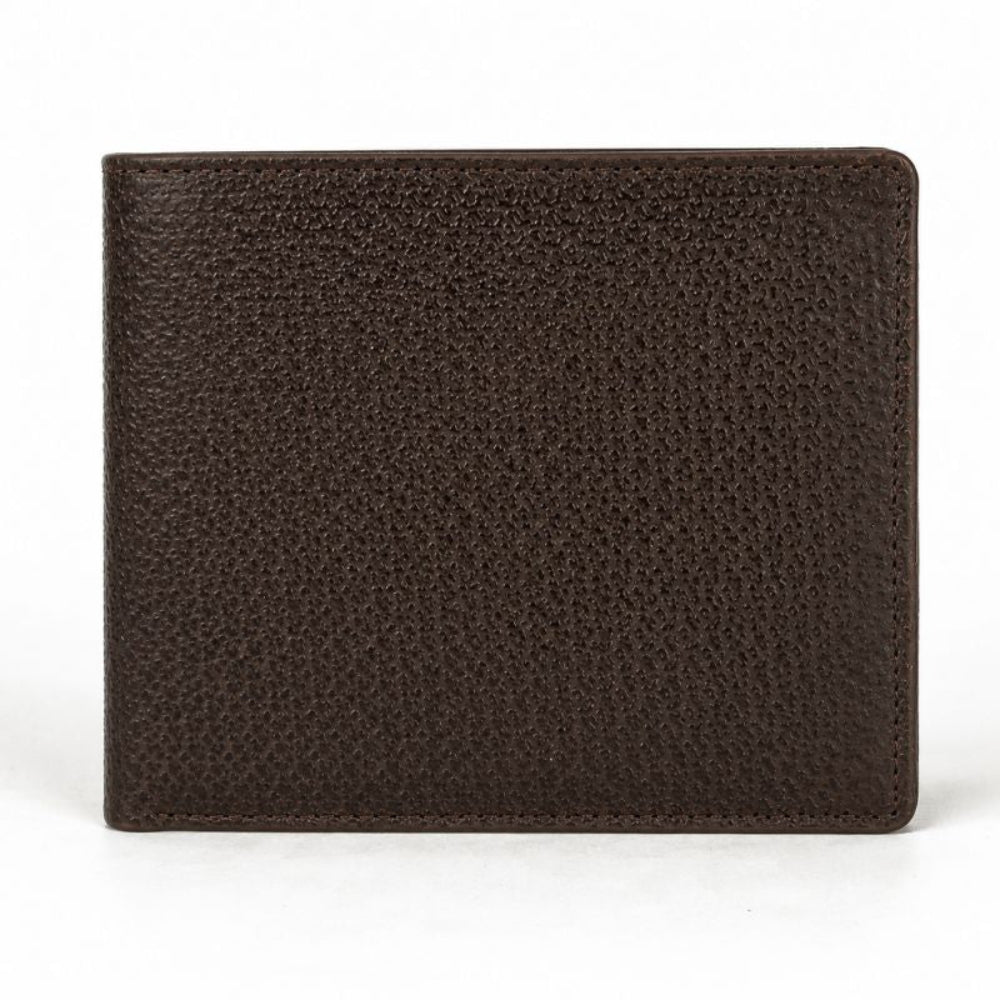 A dark brown textured leather bifold wallet shown closed against a plain white background.
