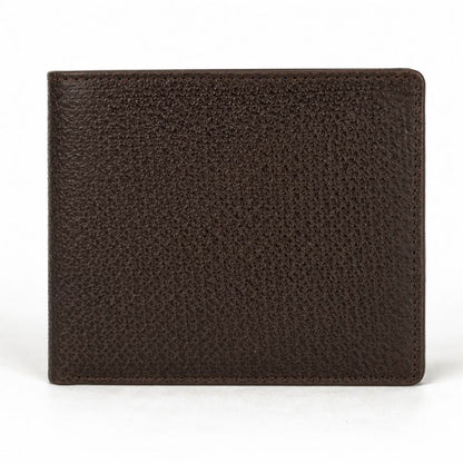 A dark brown textured leather bifold wallet shown closed against a plain white background.