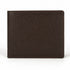 A dark brown textured leather bifold wallet shown closed against a plain white background.