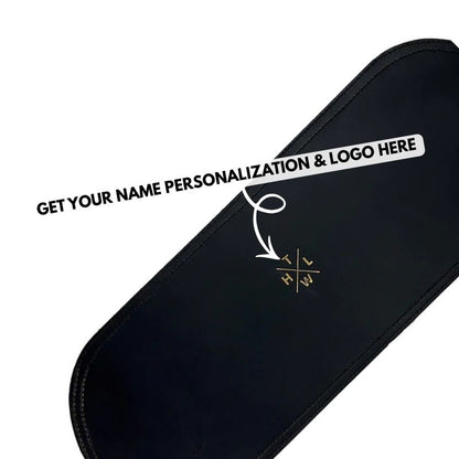 Black place mat with customizable text and logo on a white background