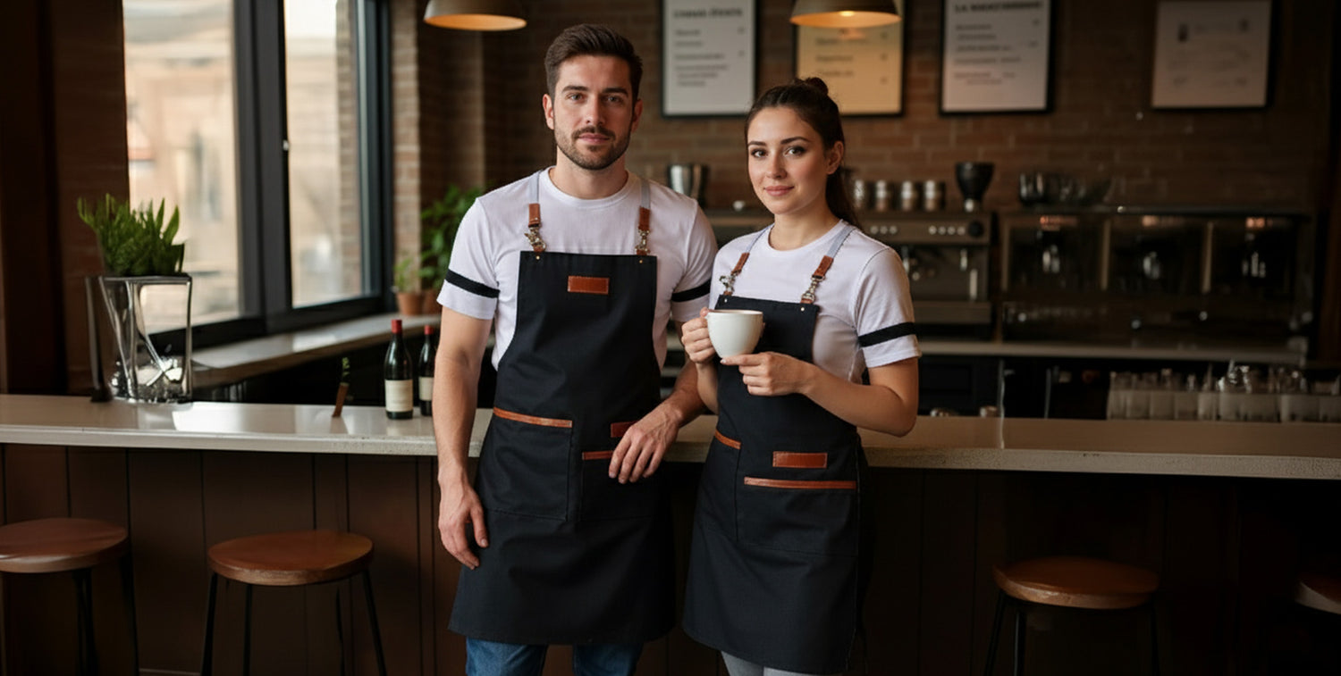 Two baristas in a coffee shop holding a cup.