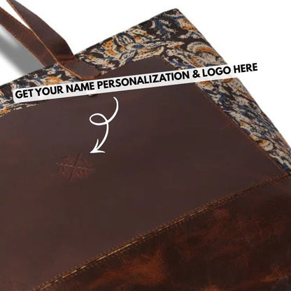 Brown leather bag with floral patterned interior, personalized text overlay.