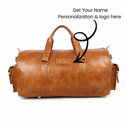 Brown leather duffel bag with &