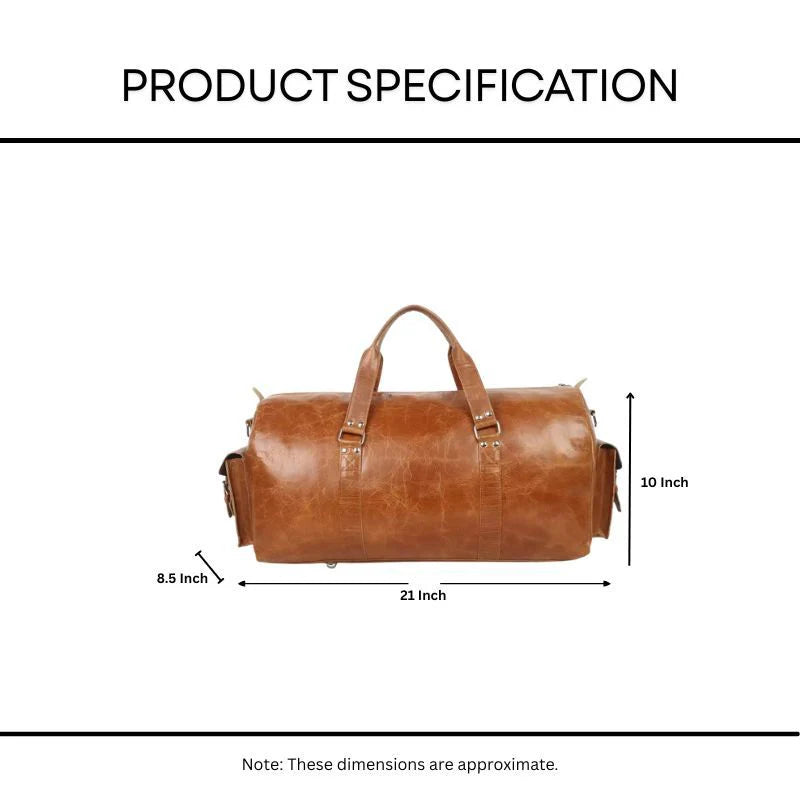 Brown leather duffel bag with dimensions on a white background
