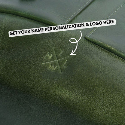Green leather tote bag with a logo and text overlay for personalization.