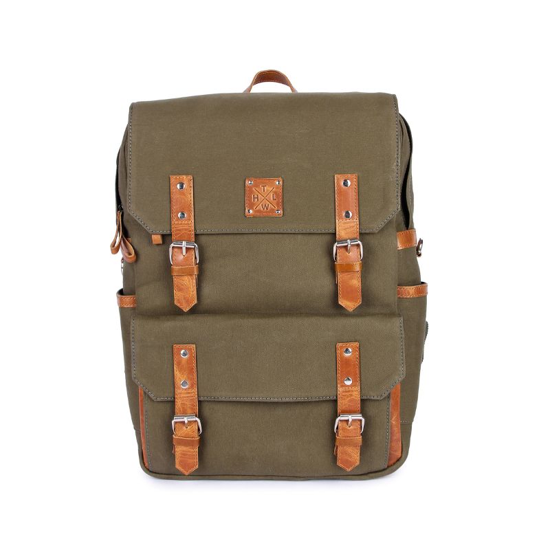 Green backpack with brown straps on a white background