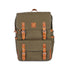 Green backpack with brown straps on a white background
