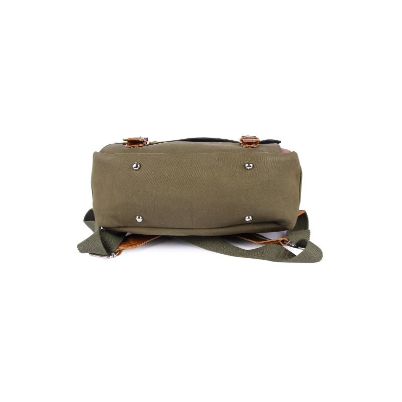 Green duffel bag with straps on a white background