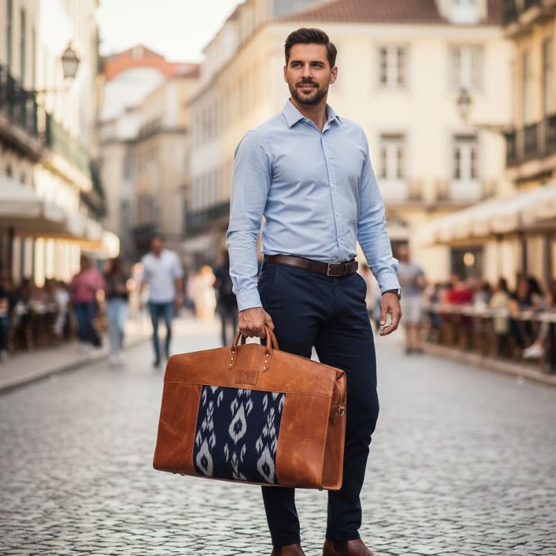 Man holding a brown leather bag on a city street