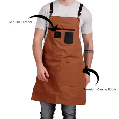 Brown apron with genuine leather accents worn by a person on a white background