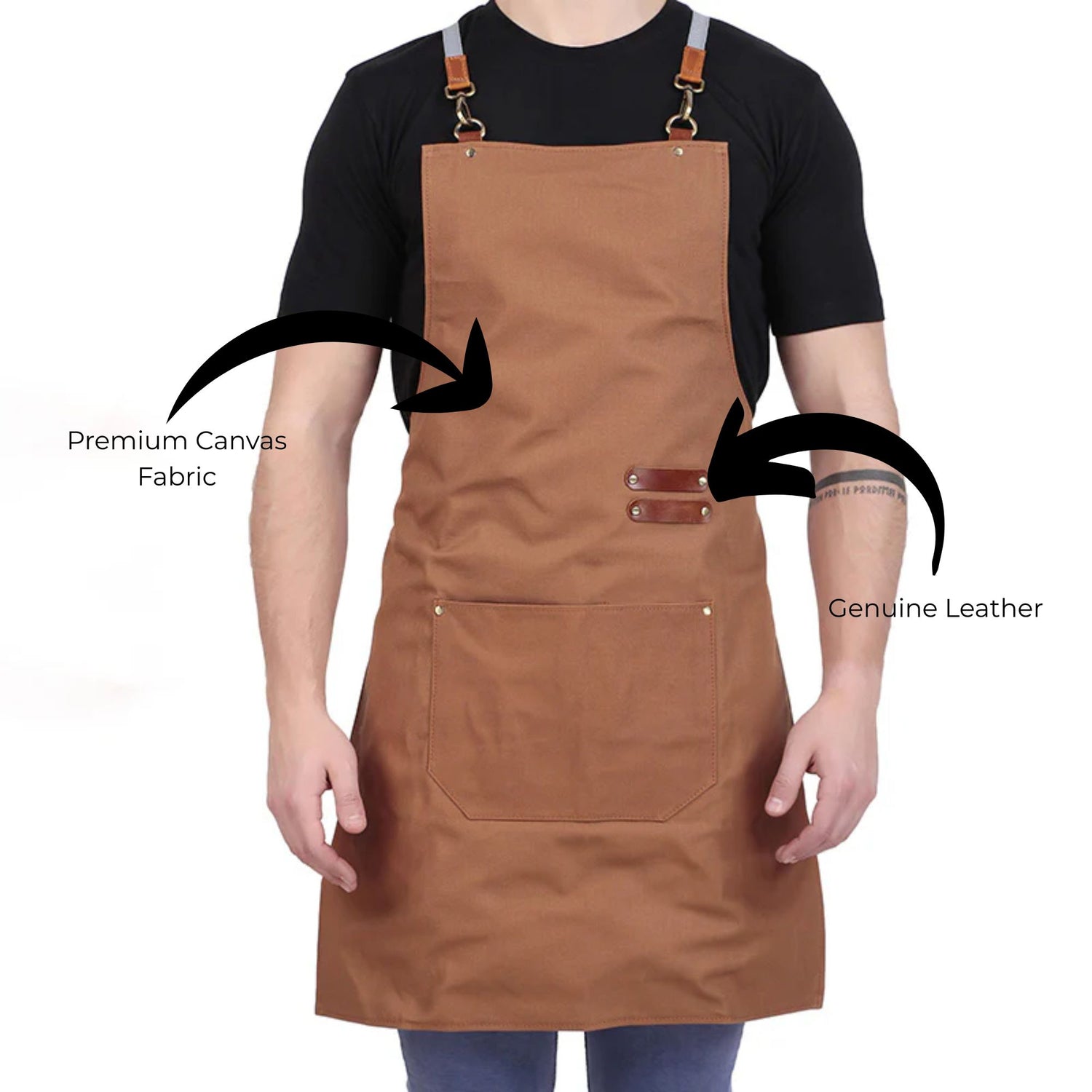 Brown apron with premium canvas fabric and genuine leather accents on a white background