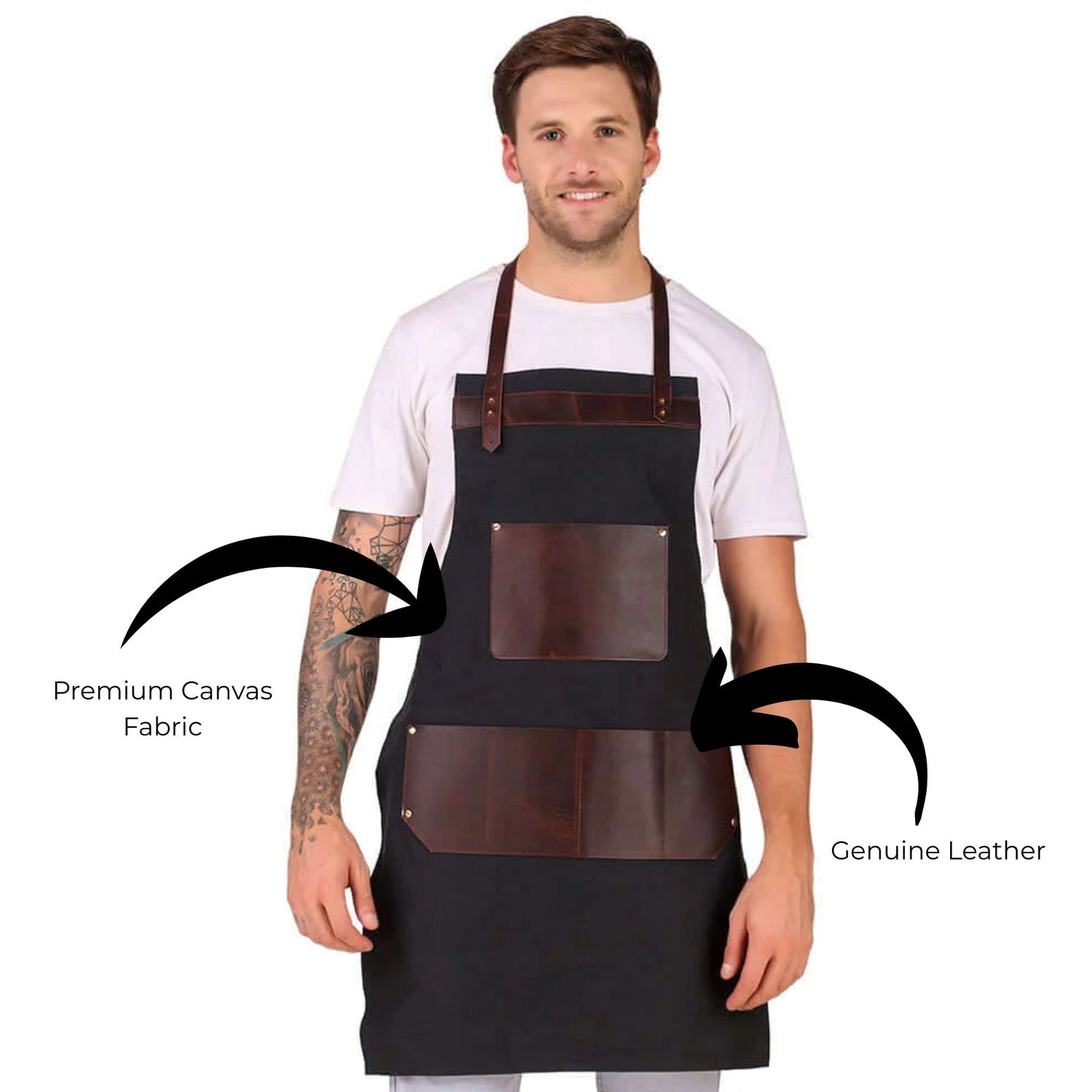 Man wearing a black apron with brown leather accents on a white background