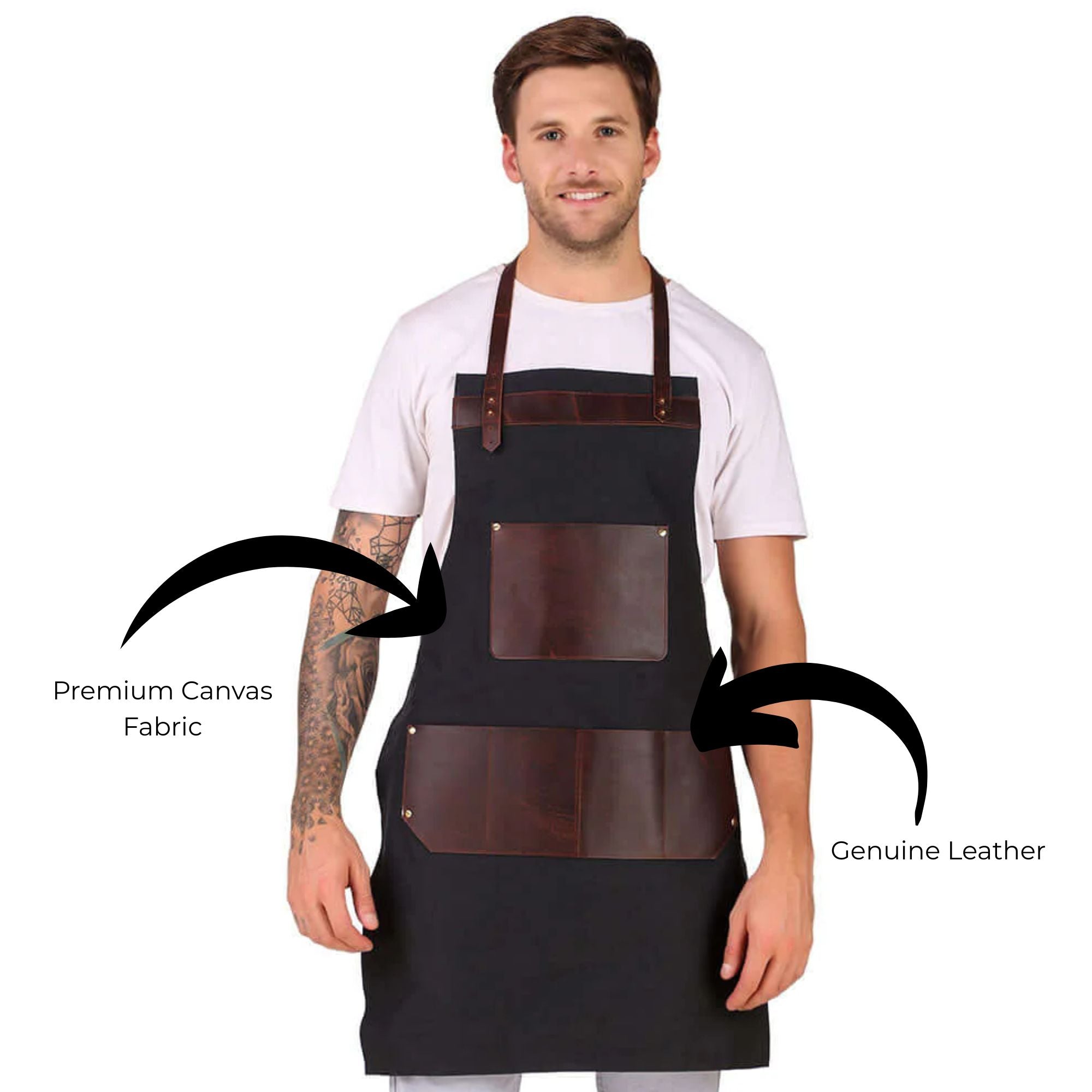 Man wearing a black apron with brown leather accents on a white background