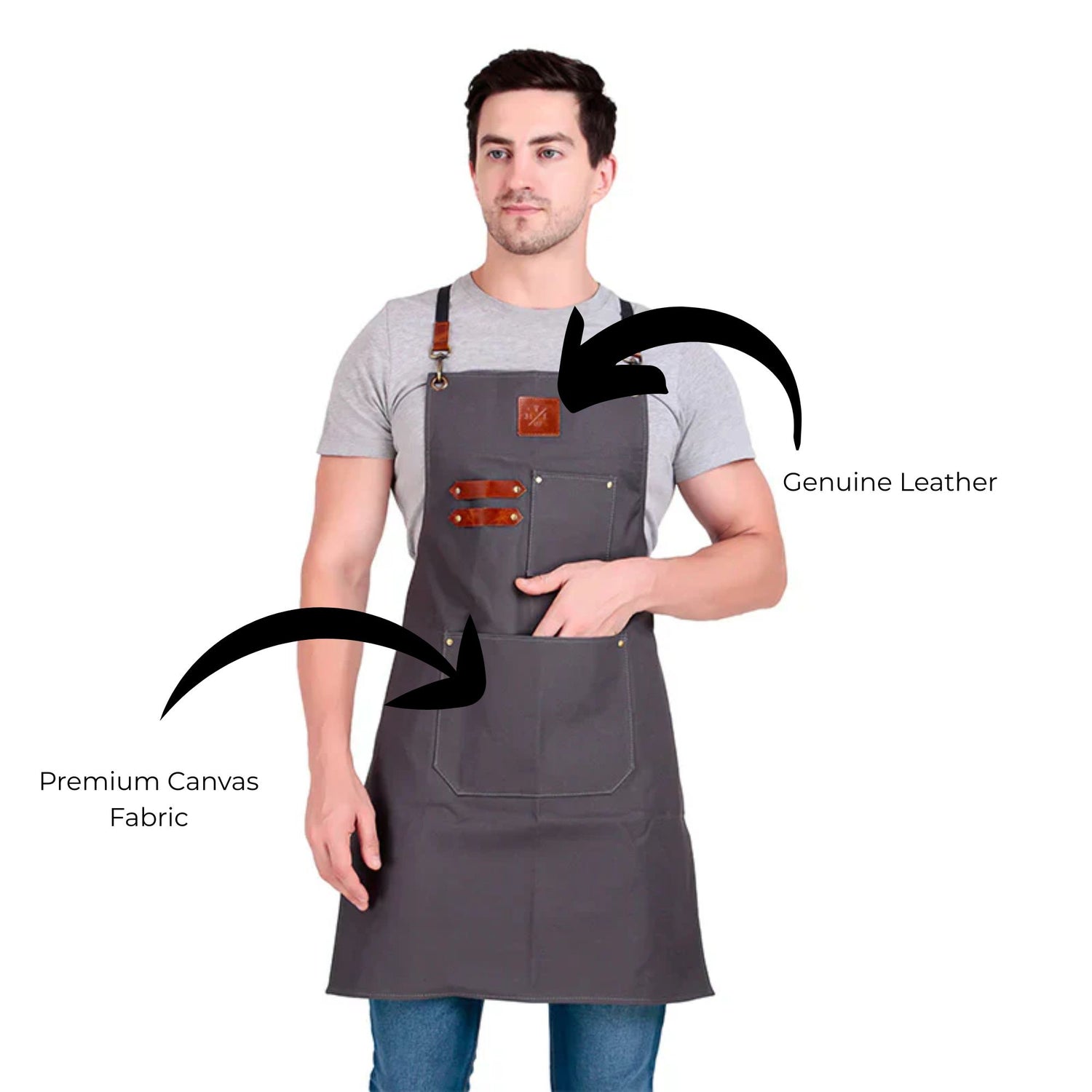 Man wearing a gray apron with genuine leather accents on a white background
