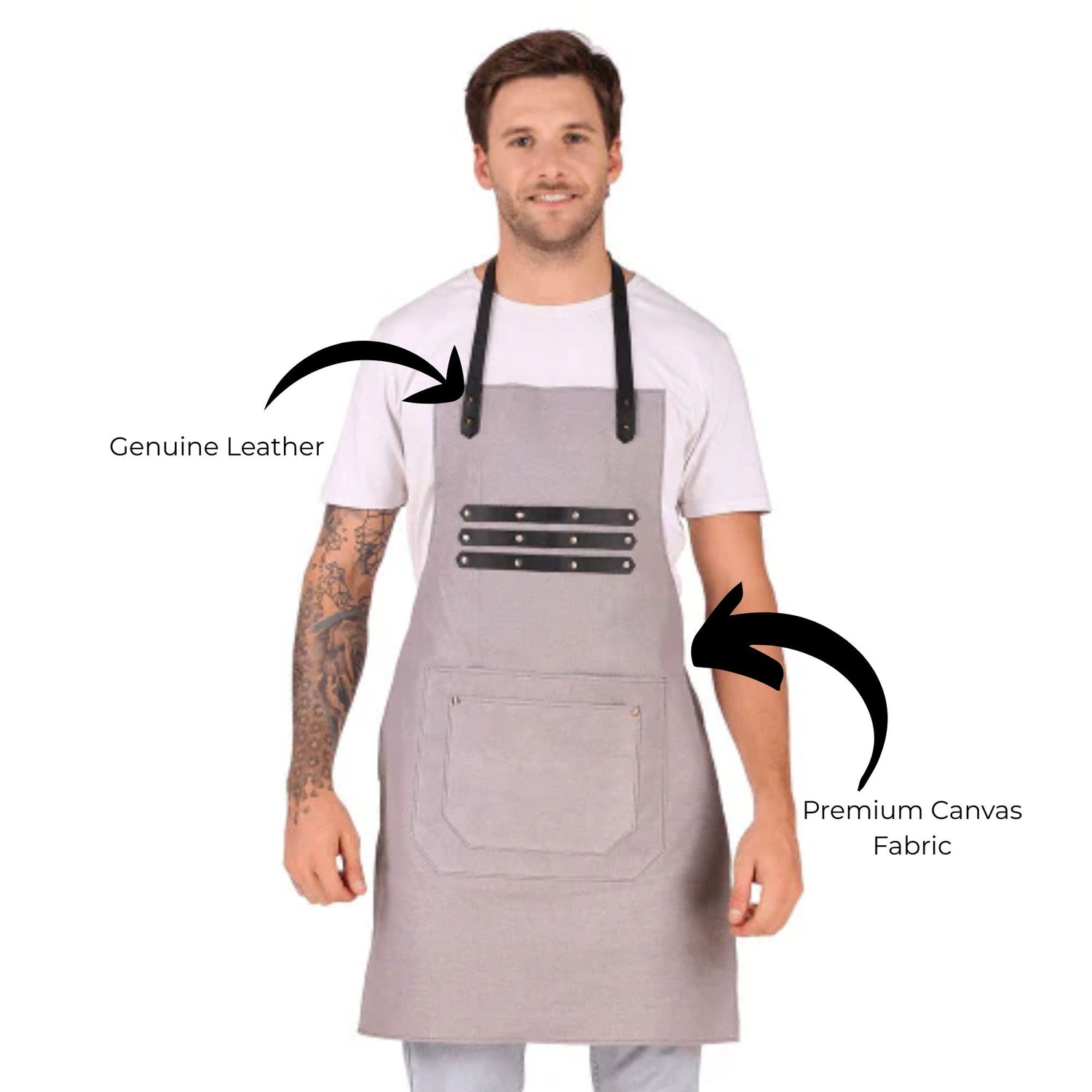 Man wearing a gray apron with leather accents on a white background