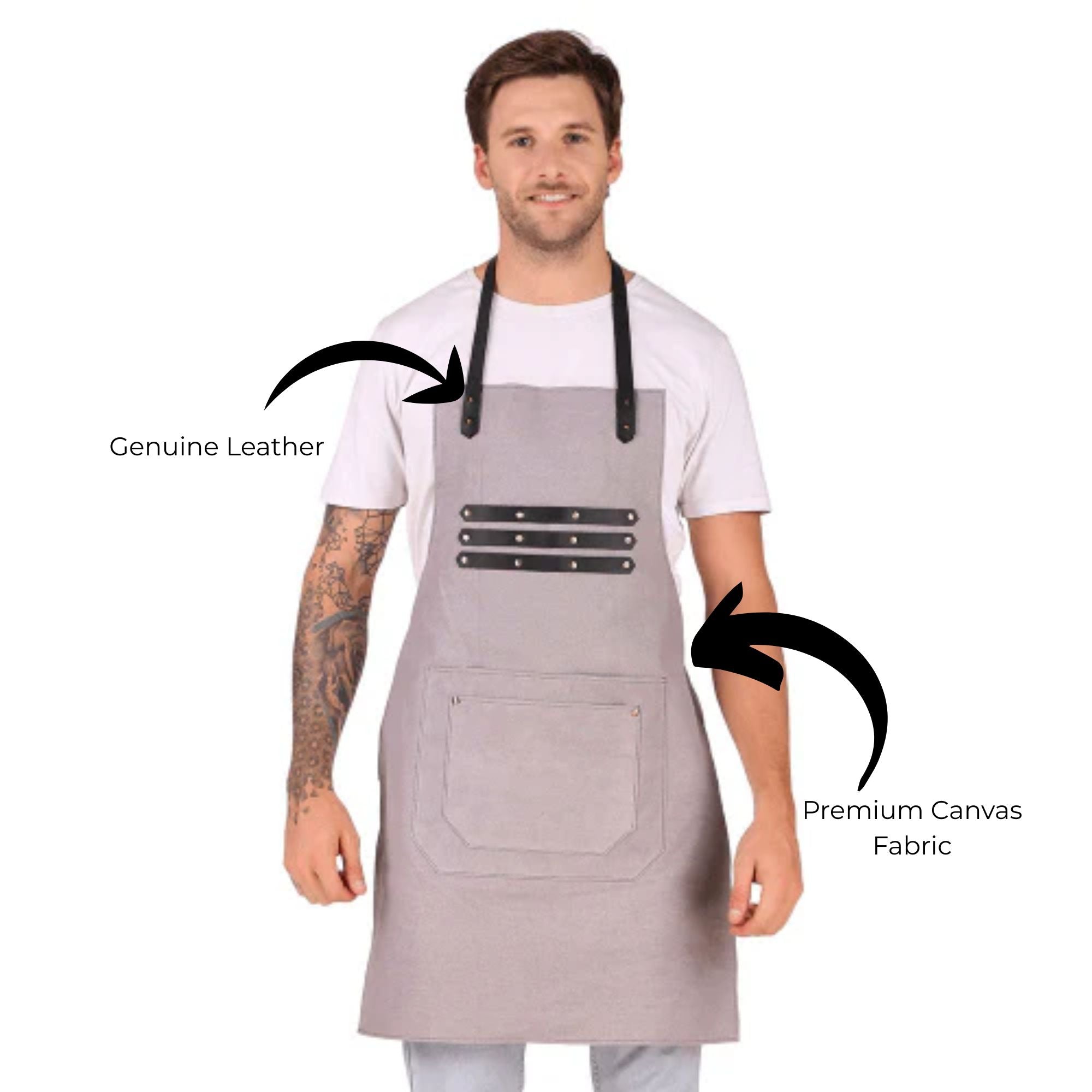 Man wearing a gray apron with leather accents on a white background