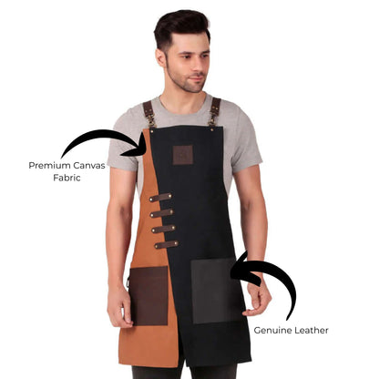 Man wearing a black and brown apron with labeled premium canvas fabric and genuine leather.