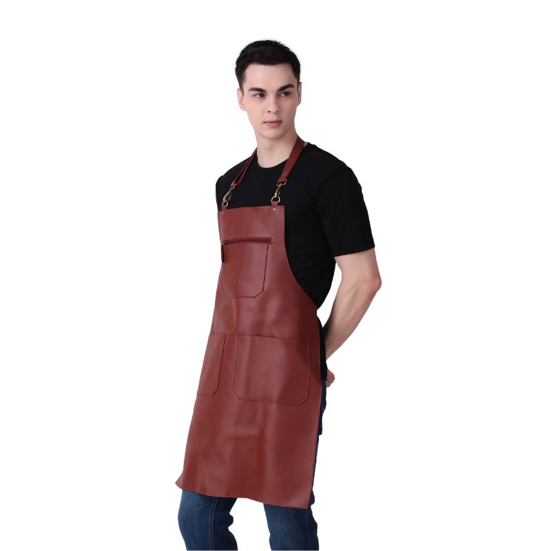 Man wearing a Rich Tan leather apron on a white background
