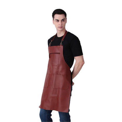 Man wearing a Rich Tan leather apron on a white background