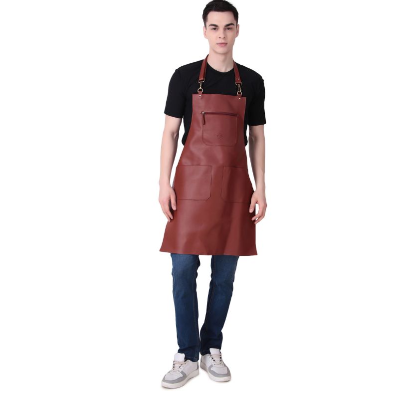 Person wearing a Rich Tan leather apron on a white background