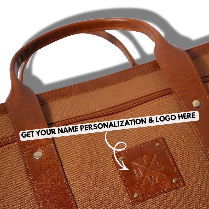 Brown canvas bag with a visible brand logo on a white background