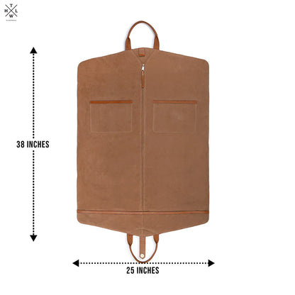Brown garment bag with measurements on a white background