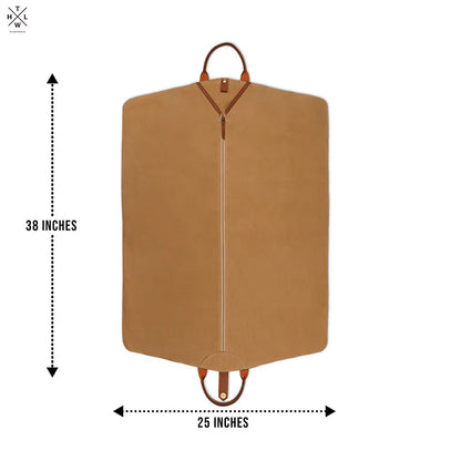 Brown garment bag with measurements on a white background