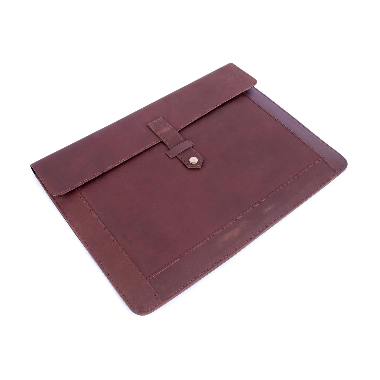 Brown leather envelope on a white background