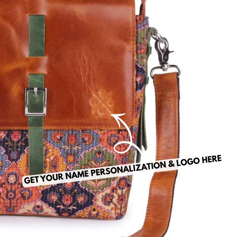 Brown leather sling bag with colorful patterned strap and text overlay for personalization.