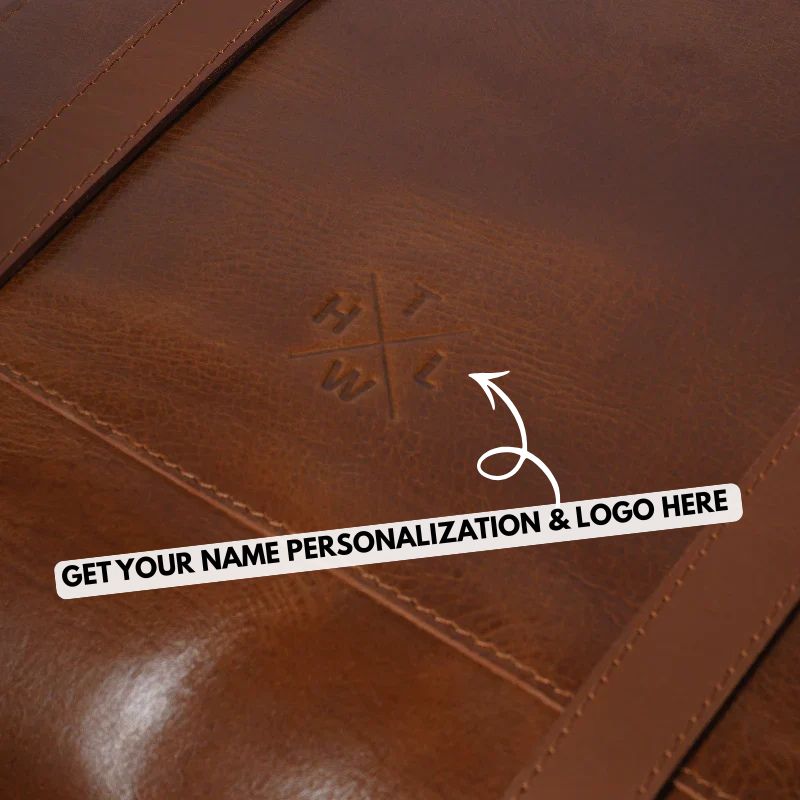 Brown leather surface with a logo and text for personalization.