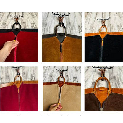 Collage of a hand holding a zipper on various fabric backgrounds.