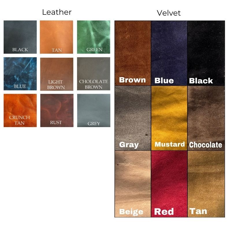 Color swatches of leather and velvet textures with labels.