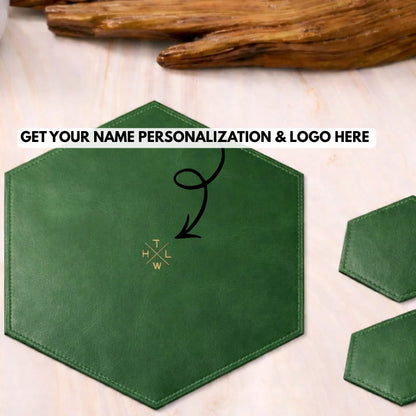 Green leather hexagonal placemats with a logo on a light background