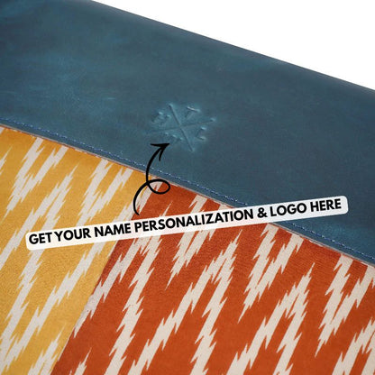 Product with a blue top section and patterned bottom, featuring text for personalization.