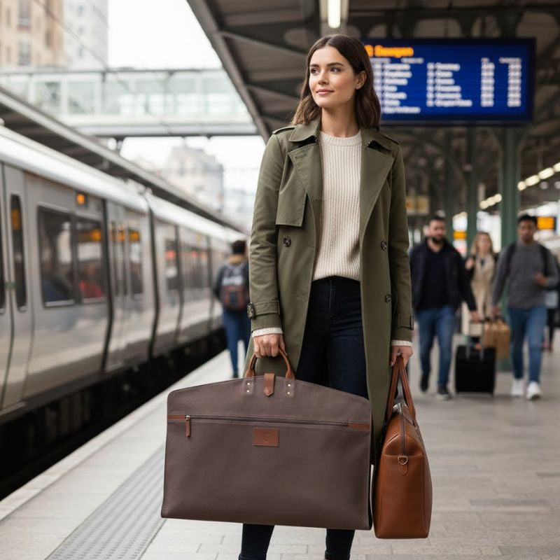 Woman holding suit cover bags at a train station platform