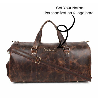 Brown leather duffel bag with &