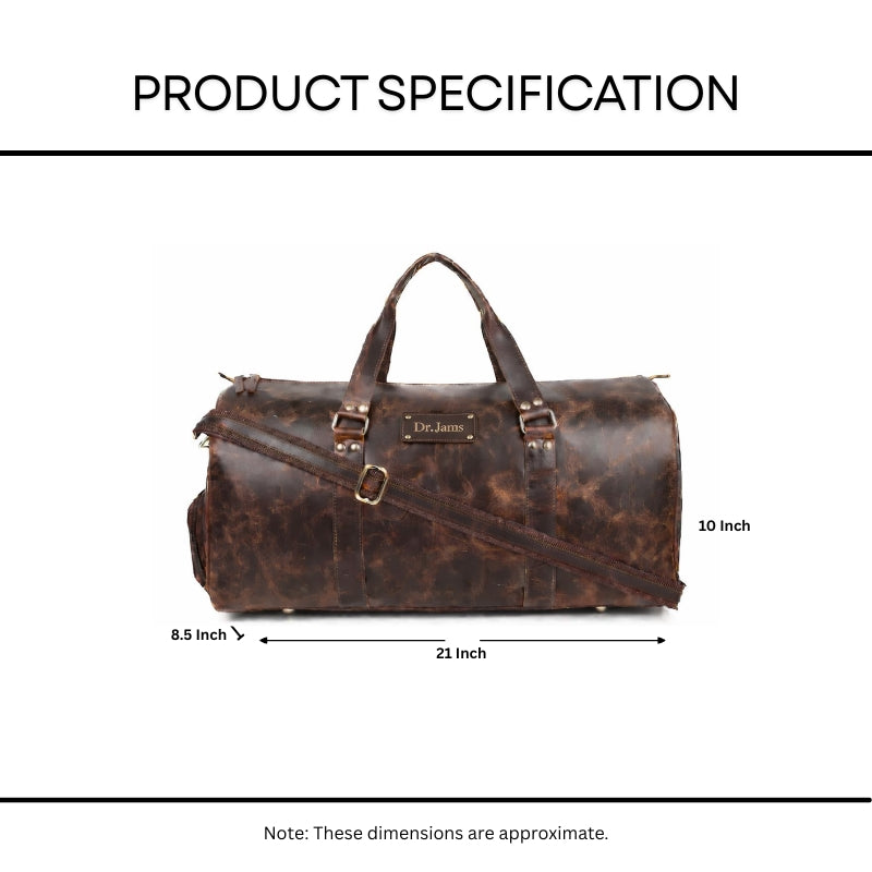 Brown leather duffel bag with dimensions labeled on a white background