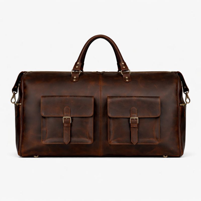 Brown leather duffel bag on a white background