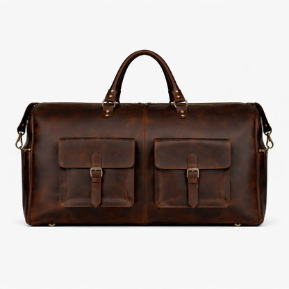 Brown leather duffel bag on a white background