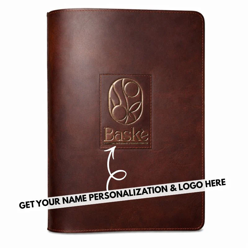 Brown leather menu cover with embossed logo and text on a white background