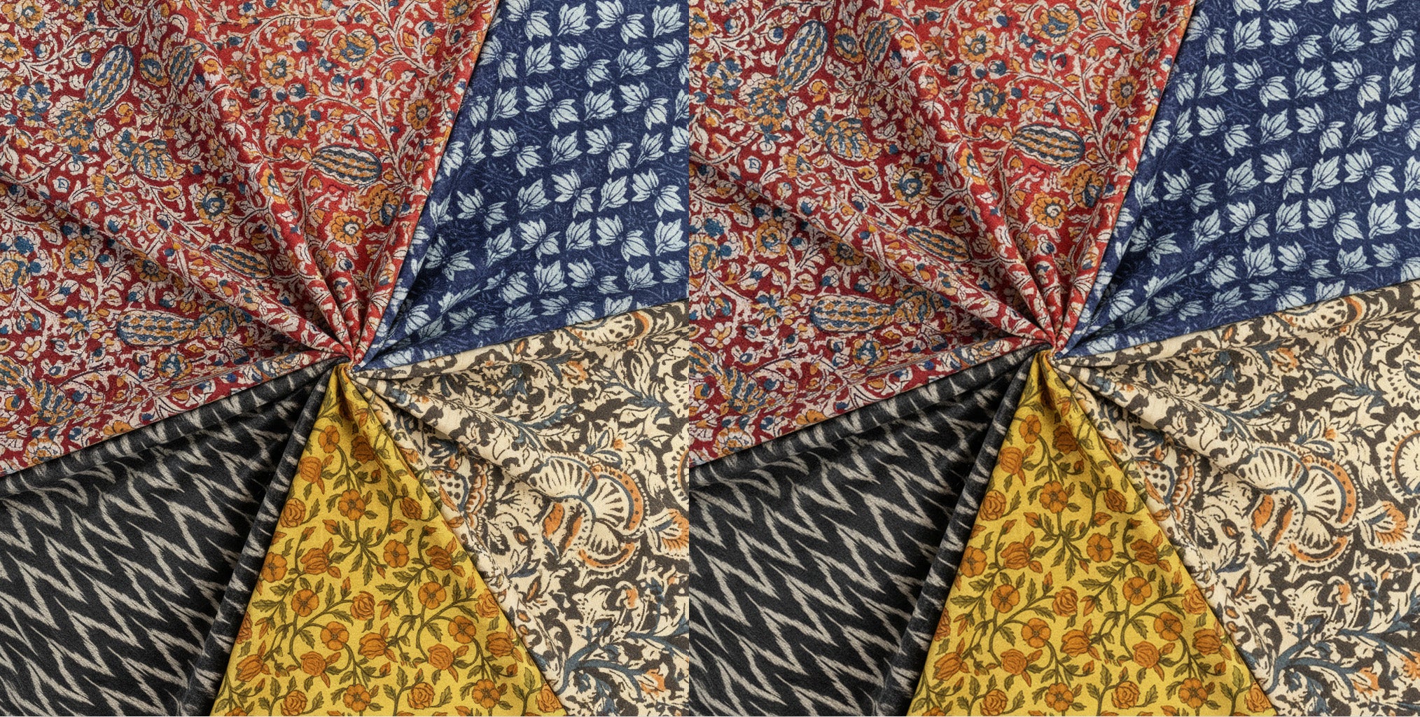 Patchwork of various patterned fabrics in a circular arrangement