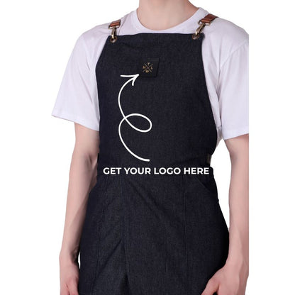 Black apron with customizable logo area on a white background