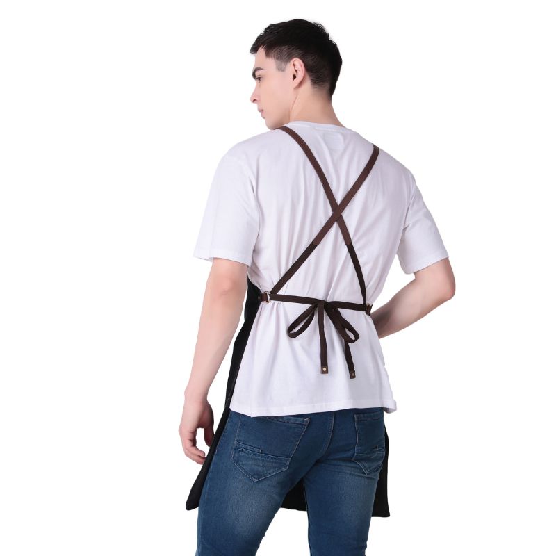 Person wearing an apron white t-shirt with brown strap on a white background