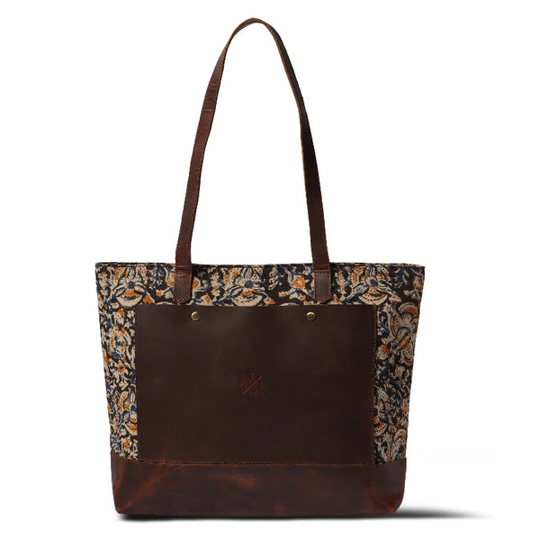 Brown tote bag with floral patterned sides on a white background