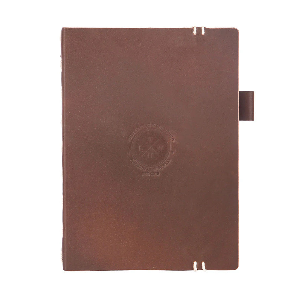Brown notebook with a visible brand logo on a white background