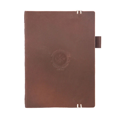 Brown notebook with a visible brand logo on a white background