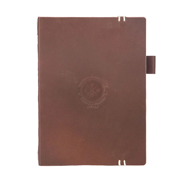 Brown notebook with a visible brand logo on a white background