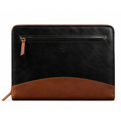 Black leather portfolio with brown leather front pocket, contrast stitching, and zipper closure